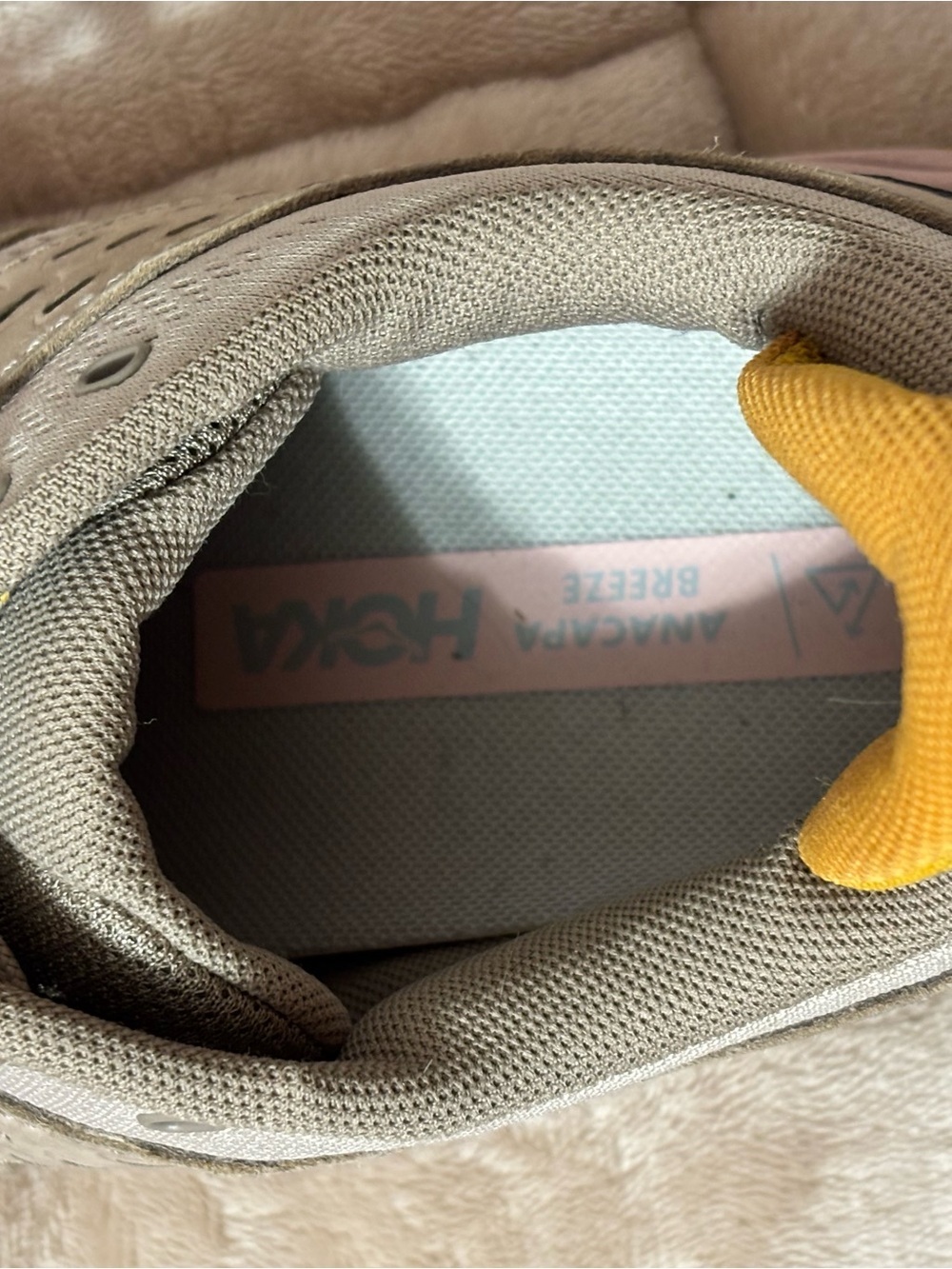 Hoka Women's Beige Sneakers with Pink Sole and Yellow Heel Tab - Picture 3 of 3